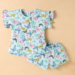 ToffyHouse Knitted Half Sleeves Top & Shorts Co-Ord Set with Butterfly & Floral Print - Light Blue-picture-25