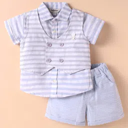 ToffyHouse Cotton Knit Half Sleeves Striped 3 Piece Party Suit - Blue-image-62