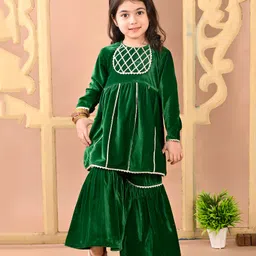 Superminis Velvet Full Sleeves Gota Lace Embellished Kurta Sharara Set - Green-picture-23