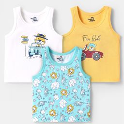 Doodle Poodle 100% Cotton Single Jersey Knit Sleeveless Vests With Animal & Vehicle Print Pack Of 3 - Light Blue Yellow & White-picture-39
