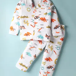 Doreme Single Jersey Knit Full Sleeves Co-ords Night Suit with Beach Theme Print - White-picture-11