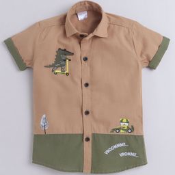 Polka Tots Cotton Woven Half Sleeves Dinosaur Embroidered Shirt - Brown-picture-23