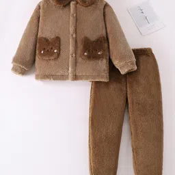 Mark & Mia Full Sleeves Winter Wear Night Suit With Sling Bag & Bunny Applique - Brown-picture-19