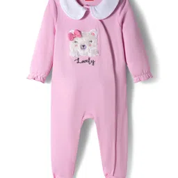 Babyhug Cotton Knit Full Sleeve Footed Sleepsuit with Teddy Patch - Pink-image-55
