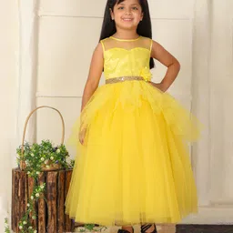 Toy Balloon Kids Net Woven Sleeveless Floral Applique Detailed & Sequins Embellished Layered Gown - Yellow-picture-40