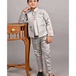 Fourfolds Jacquard Woven Full Sleeves Sequins Embellished Blazer & Trouser Set - Grey-picture-13