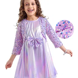 Hola Bonita Knit Shimmer Party Dress With Full Sleeves Sequinned Shrug & Bow Applique - Lilac-picture-13