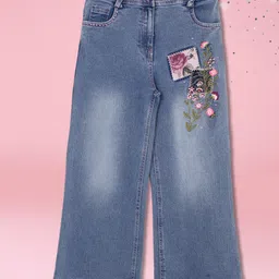 Cutecumber Denim Woven Floral Embroideed Washed Jeans - Blue-image-7