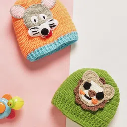 MayRa Knits Hand Knitted Woven Pack Of 2 Animal Designed Caps - Green & Orange - Circumference - 32 Cms-picture-14