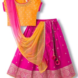 Babyhug Brocade Woven Half Puffed Sleeves Choli Lehenga Set with Dupatta & Motif Embroidery - Dark Pink & Yellow image 2