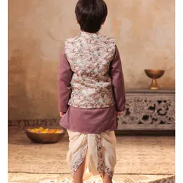 AJ Dezines Cotton Blend Woven Full Sleeves Solid Kurta Dhoti With Floral Printed Jacket Set - Pink image 3