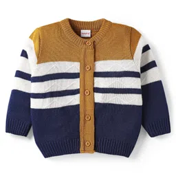 Babyhug Knit Full Sleeves Striped Front Open Sweater Set - Navy Blue image 3