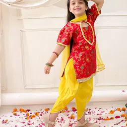 KID1 Brocade Woven Half Sleeves Floral Foil Printed Gota Lace Embellished Dhoti Kurti With Dupatta Set - Red image 4