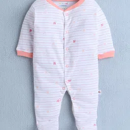 BUMZEE Cotton Knit Full Sleeves Footed Sleep Suits with Elephant Print & Stripes Pack of 3 - Pink & White image 4