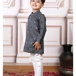 Polka Tots Cotton Full Sleeves Trees Embroidered Kurta Pyjama Set - Grey image 5