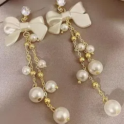 SUBHAGALANKAR Gold-Plated Pearls Classic Shaped Tasselled Drop Earrings-picture-15