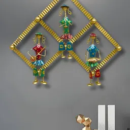 ANSHIKA INTERNATIONAL Gold-Toned & Green Textured Tribal Musicians Doll Metal Wall Decor-picture-11