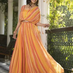 SCAKHI Yellow Chinon Silk Candy Stripes Party Gown with Belt and Attached Cape image 2
