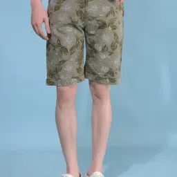 Crimsoune Club Olive Cotton Slim Fit Floral Print Shorts-picture-28