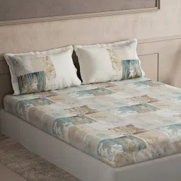 DDecor Memento Turquoise Cotton Leaf 144 TC King Bedsheet with 2 Pillow Covers image 2