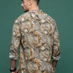 showoffff Showoff Olive Cotton Slim Fit Floral Print Shirt image 2