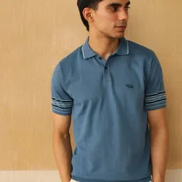 Andamen Blue Cotton Regular Fit Polo T-Shirt-image-59