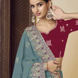 Odette Teal Georgette Embroidered Saree With Unstitched Blouse image 2