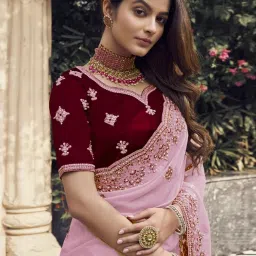 Odette Light Pink Georgette Embroidered Saree With Unstitched Blouse image 2
