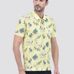 Numero Uno Lime Yellow Cotton Regular Fit Floral Print Polo T-Shirt image 4