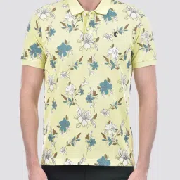 Numero Uno Lime Yellow Cotton Regular Fit Floral Print Polo T-Shirt image 5