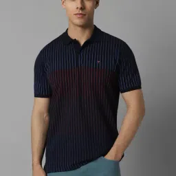 Louis Philippe Navy Cotton Skinny Fit Striped Polo T-Shirts-image-7