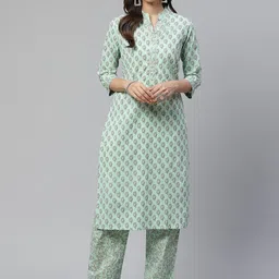Divena Women Sea Green & White Printed Pure Cotton Kurta with Trousers-image-57