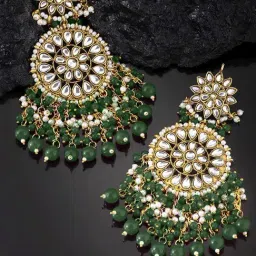 Peora Gold-Plated Kundan Beads Green Long Dangler Earrings-image-12
