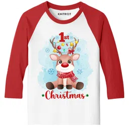 KNITROOT Full Raglan Sleeves Christmas Theme 1st Christmas Reindeer Printed Tee - Red & White-picture-17