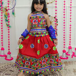 BownBeeNavratri Theme Sleeveless Banjara Floral Embroidered &Mirror Work EmbellishedChaniya Choli With Dupatta -Red-image-88