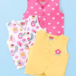 Babyhug 100% Cotton Woven Sleeveless Front Open Vest Heart & Butterfly Print Pack Of 3 - Pink White & Yellow-picture-34
