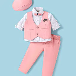 Dapper Dudes Full Sleeves Abstract Printed 3 Piece Party Suit Set With Cap & Bow Set - Peach-picture-18