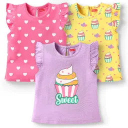 Babyhug Cotton Knit Frill Sleeves T-Shirts with Cup Cake & Heart Print Pack Of 3 - Mauve Yellow & Pink-picture-33