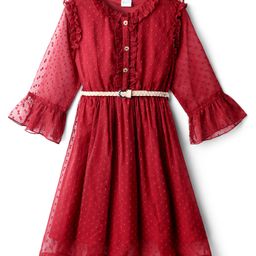 Hola Bonita Woven Three Fourth Sleeve Dobby Dress with Frill Detailing & Belt - Maroon-picture-14