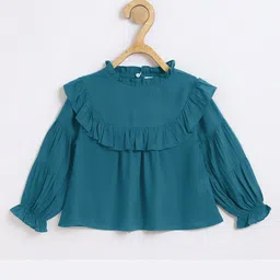 Chuppan Chupai Viscose Rayon Woven Full Peasant Sleeves Frill Detailed Top - Firozi Blue-picture-27