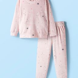 Babyhug Velour Woven Full Sleeves Winter Wear T-Shirt & Lounge Pant Set With Star Print - PInk-picture-0