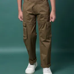 CRIMSOUNE CLUB Cotton Woven Solid Cargo Trousers - Brown image 1