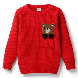 Babyhug Knit Full Sleeves Pullover Sweater with Bear Patch Detailing - Red-picture-16