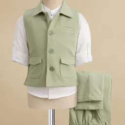 Robo Fry Cotton Woven Full Sleeves Solid Thee Piece Party Suit - Light Green-image-88