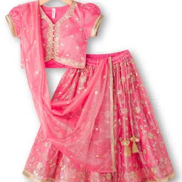 Babyhug Woven Half Sleeves Choli Lehenga & Dupatta Set With Floral Embriodery - Pink-picture-25