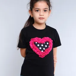 PinkChick Cotton Woven Half Sleeves Heart Designed Polka Dots Printed Tee With Bow Applique Detailed Hair Clip - Black-picture-15