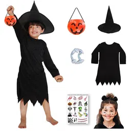 Sarvda Halloween Theme Three Fourth Sleeves Witch Costume With Hat & Spooky Pumpkin - Black-picture-28