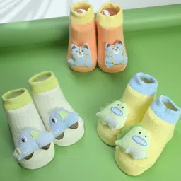 Yellow Bee Cotton Knit Pack Of 3 Car & Animals 3D Applique Detailed Socks - Multi Colour-picture-16