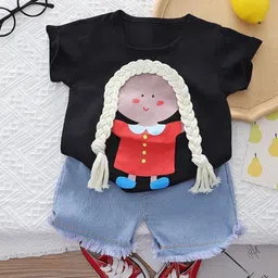 POP STREET KIDS Cotton Knit Half Sleeves Girl Designed Tee With Shorts Set - Black-picture-16