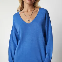 Happiness istanbul Women Gk Mavi V-Neck Long Sleeves Pullover Sweaters-picture-31